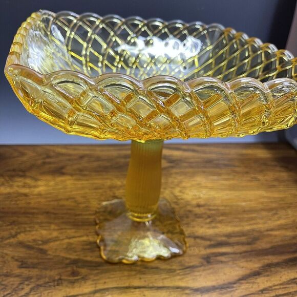 LE Smith Footed Trellis Square Compote Bowl Vase Weave Yellow Glass LARGE‎ 8.5"H - Picture 4 of 14